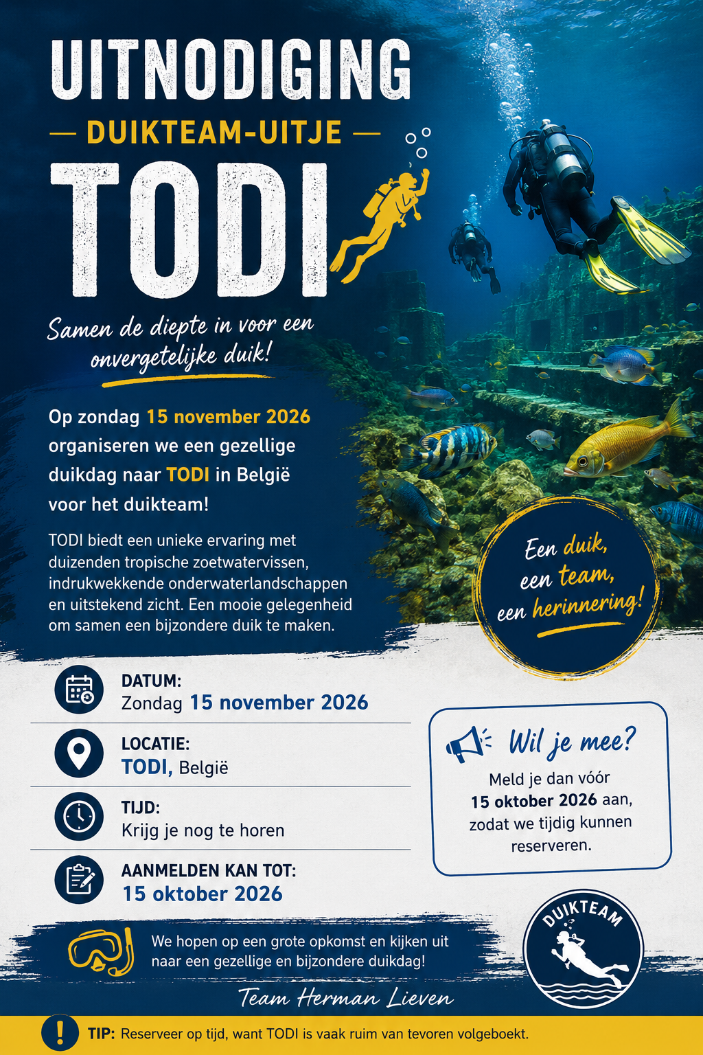 🤿 Duikteam-uitje TODI – 15 november 2026 🤿
